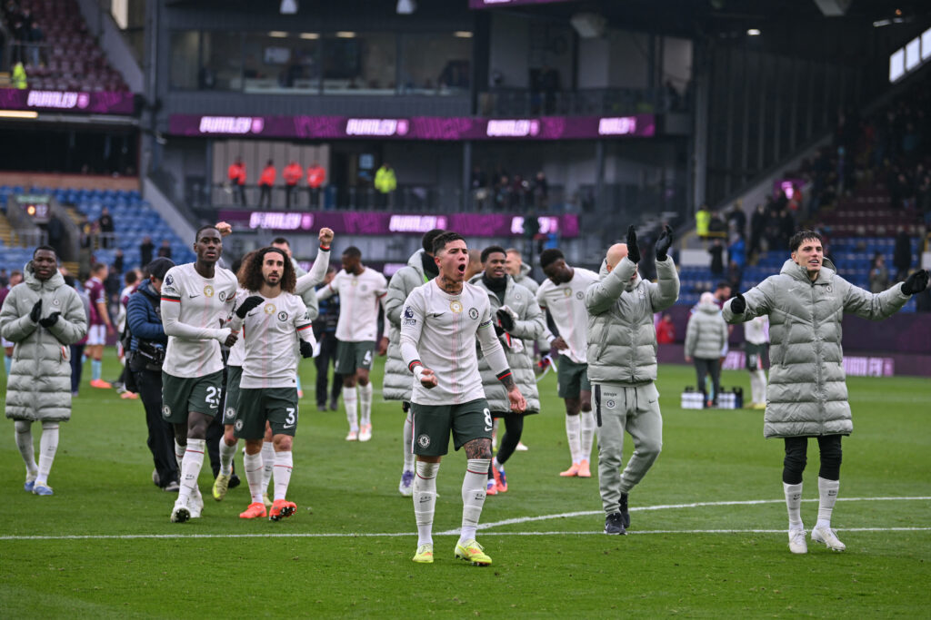 Chelsea players celebrating after beating Burnley