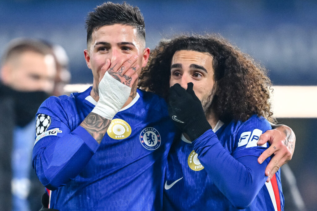 Chelsea teammates Enzo Fernandez and Marc Cucurella in discussion