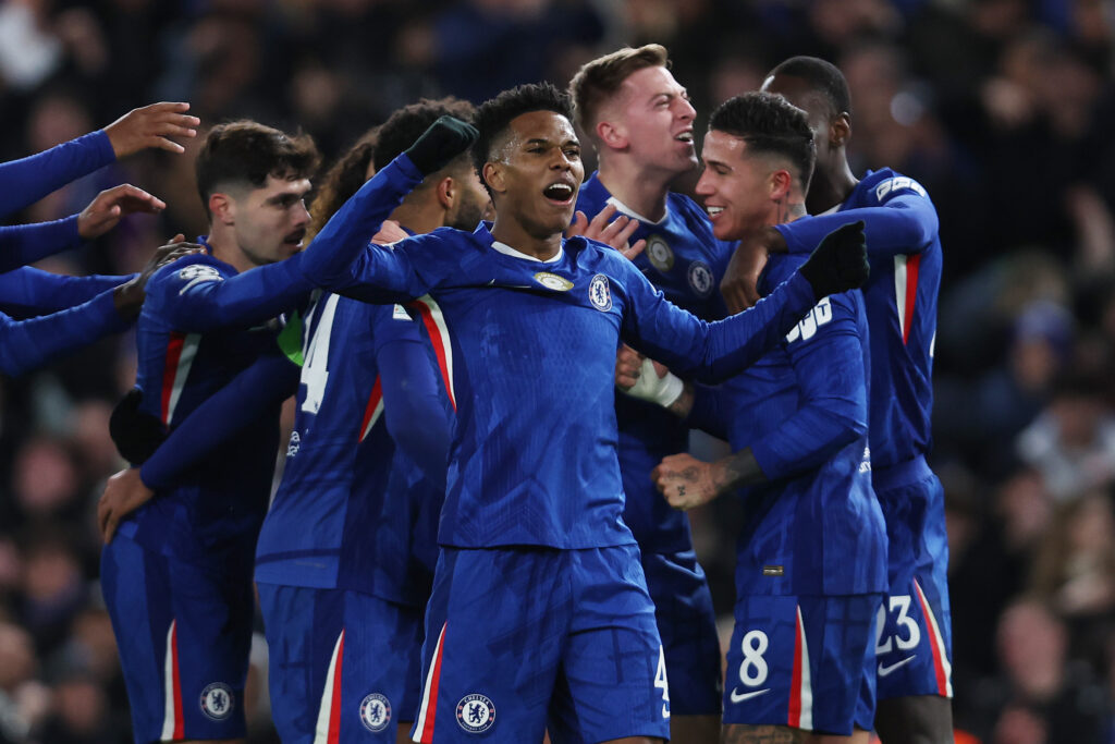 Estevao celebrates goal for Chelsea against Barcelona