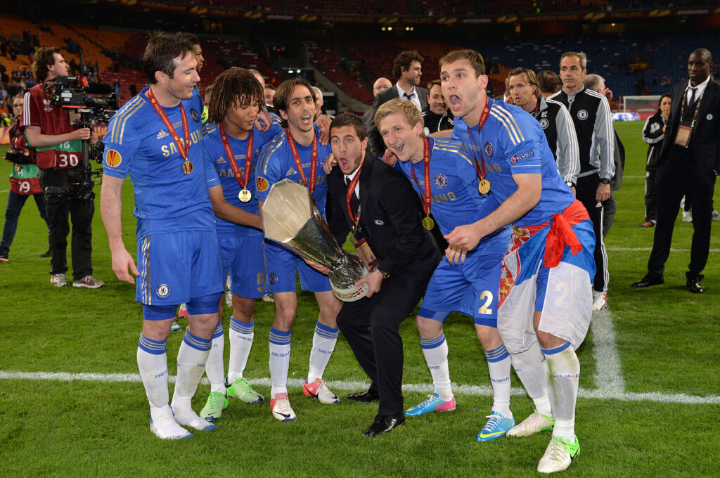 Chelsea players with Europa League trophy