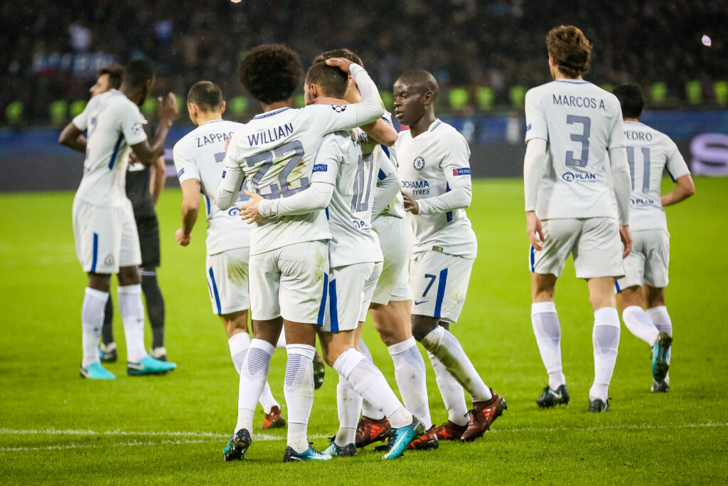 Chelsea players celebrating after goal vs Qarabag