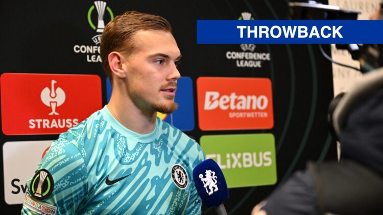 Chelsea goalkeeper Filip Jorgensen being interviewed