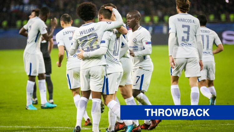 Chelsea players celebrating after goal vs Qarabag