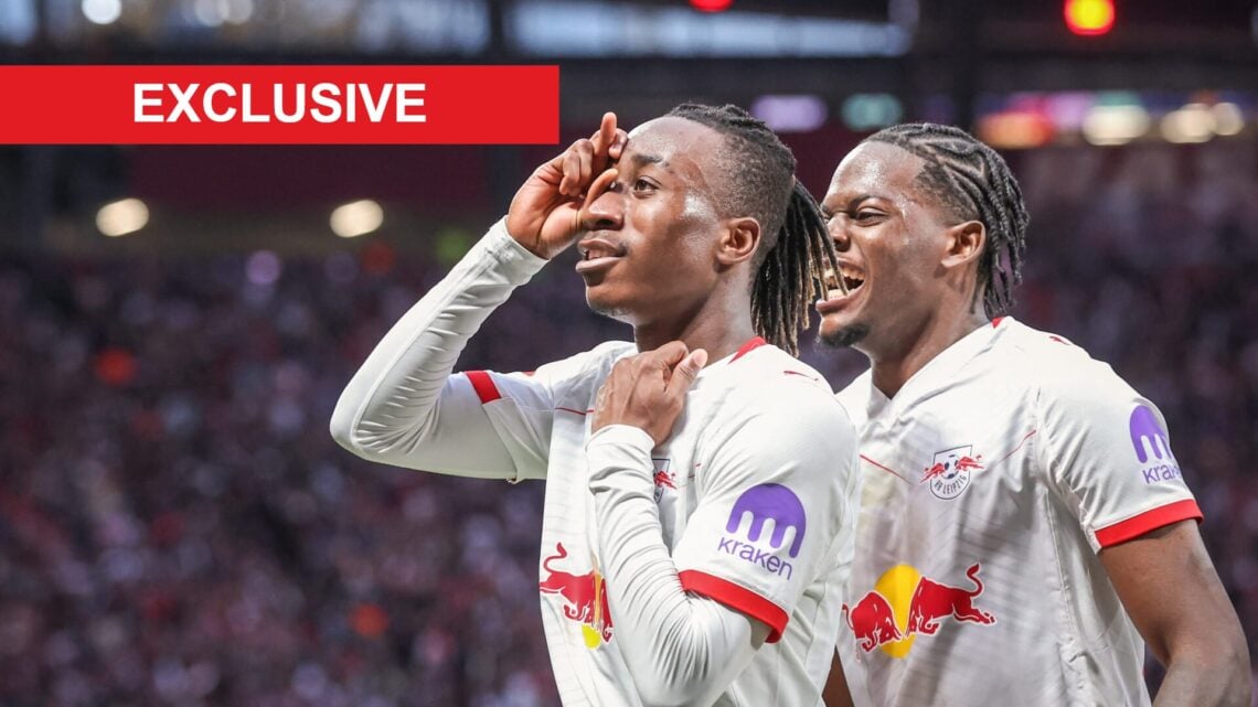 Yan Diomande celebrates after scoring during RB Leipzig vs Stuttgart