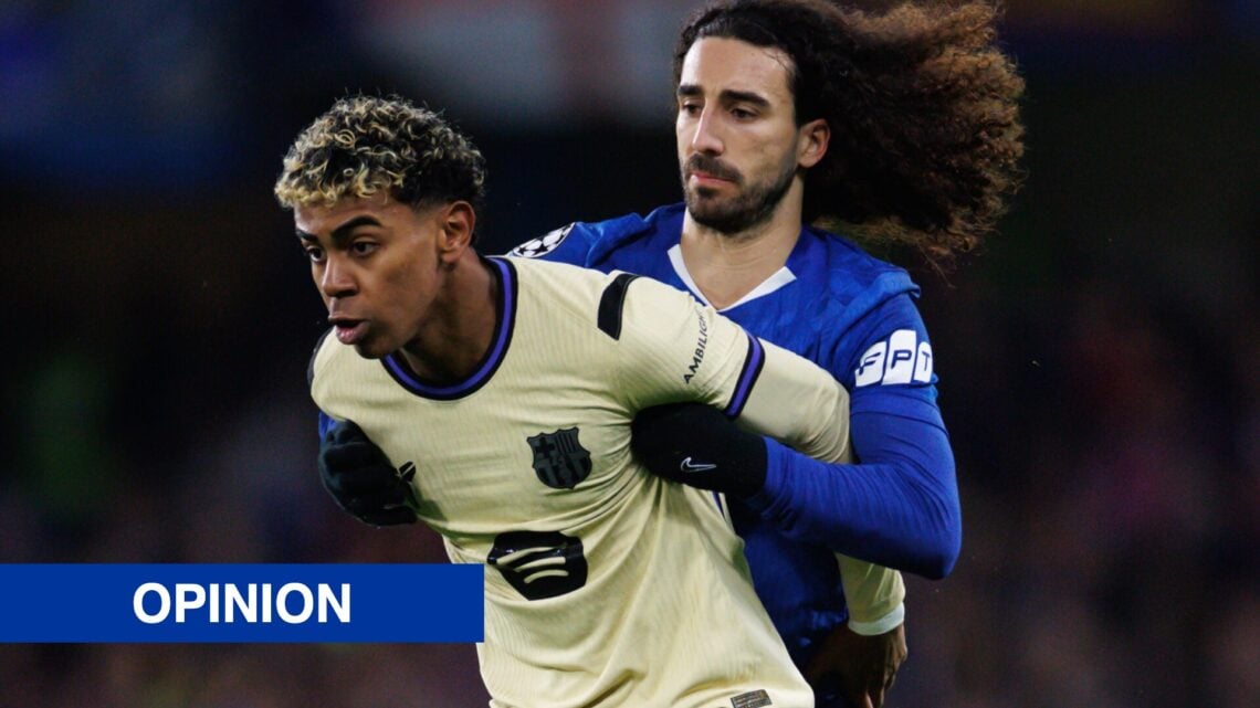 Chelsea defender Marc Cucurella holding Barcelona winger Lamine Yamal