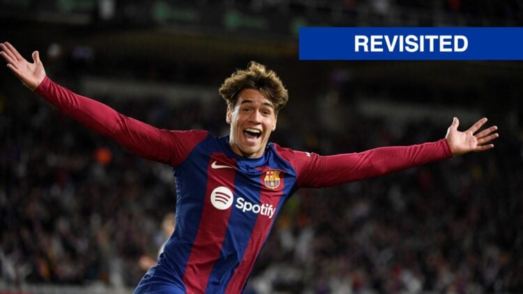 Marc Guiu celebrating first goal for Barcelona
