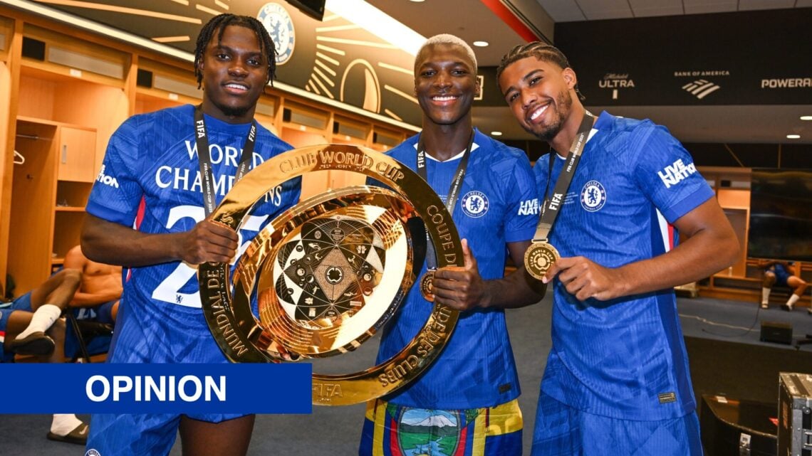 Chelsea midfielders Romeo Lavia, Moises Caicedo and Andrey Santos holding Club World Cup trophy