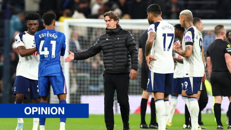 Tottenham manager Thomas Frank shaking hands at the end of Chelsea game