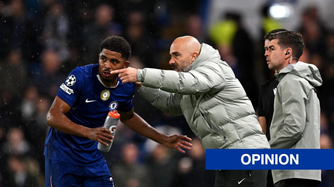 Chelsea manager Enzo Maresca giving instructions to Wesley Fofana
