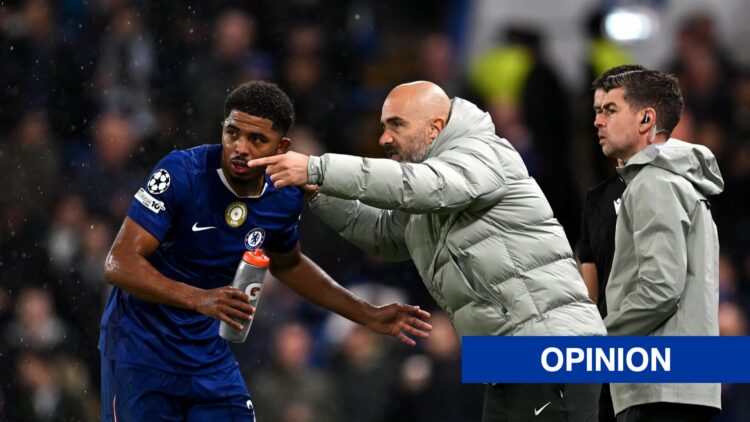 Chelsea manager Enzo Maresca giving instructions to Wesley Fofana