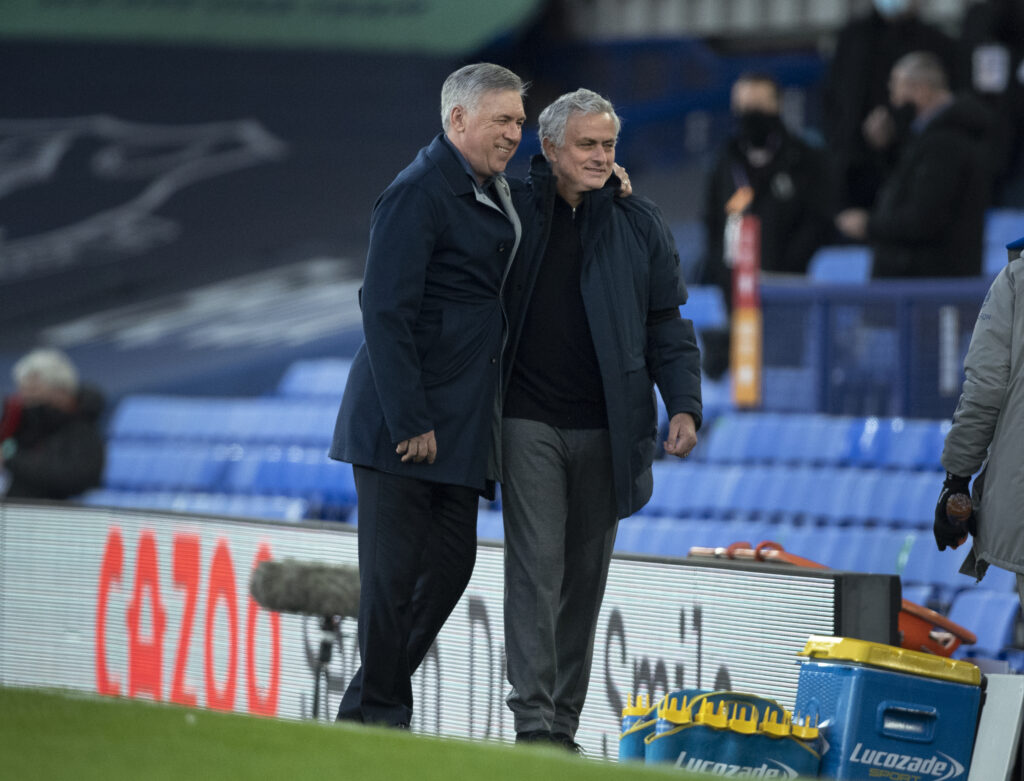 Everton manager Carlo Ancelotti and Tottenham Hotspur manager José Mourinho