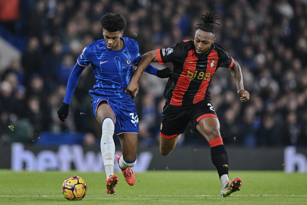 Josh Acheampong and Antoine Semenyo fight for the ball during Chelsea FC v AFC Bournemouth - Premier League