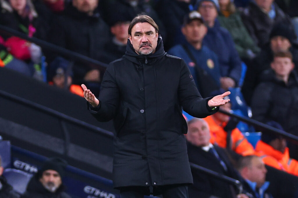 Daniel Farke the head coach of Leeds United reacts during the Premier League match between Manchester City and Leeds United