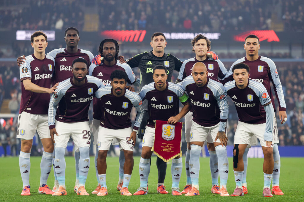 Players of Aston Villa pose for a team photograph