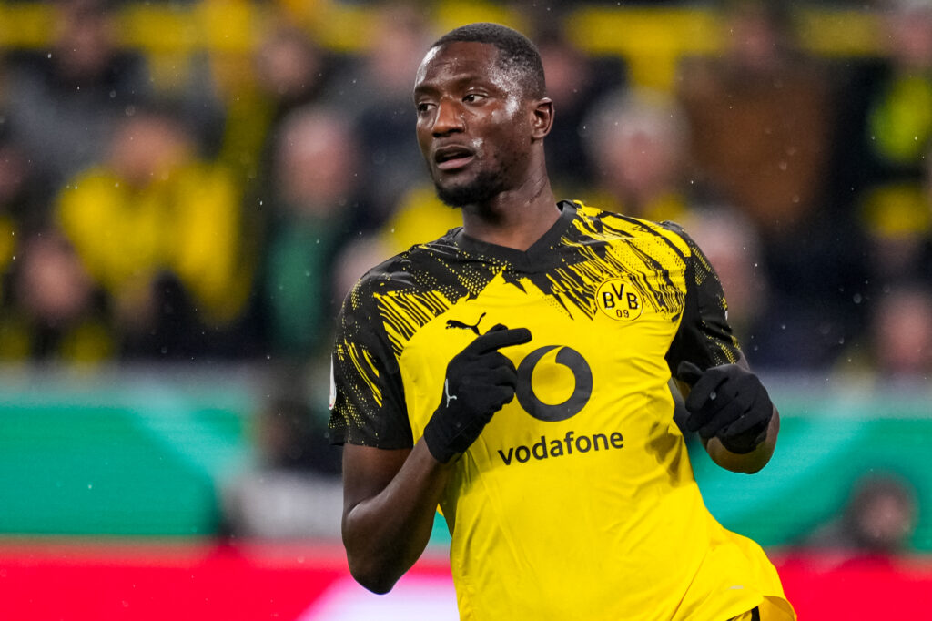 Serhou Guirassy looks on during the DFB Cup round of 16 match between Borussia Dortmund and Bayer 04 Leverkusen