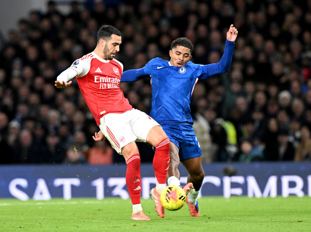 Mikel Merino of Arsenal challenged by Wesley Fofana of Chelsea