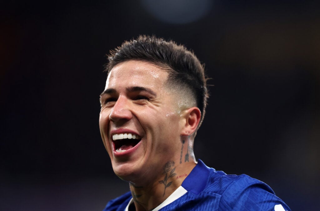 Enzo Fernandez smiles during Chelsea v Arsenal - Premier League