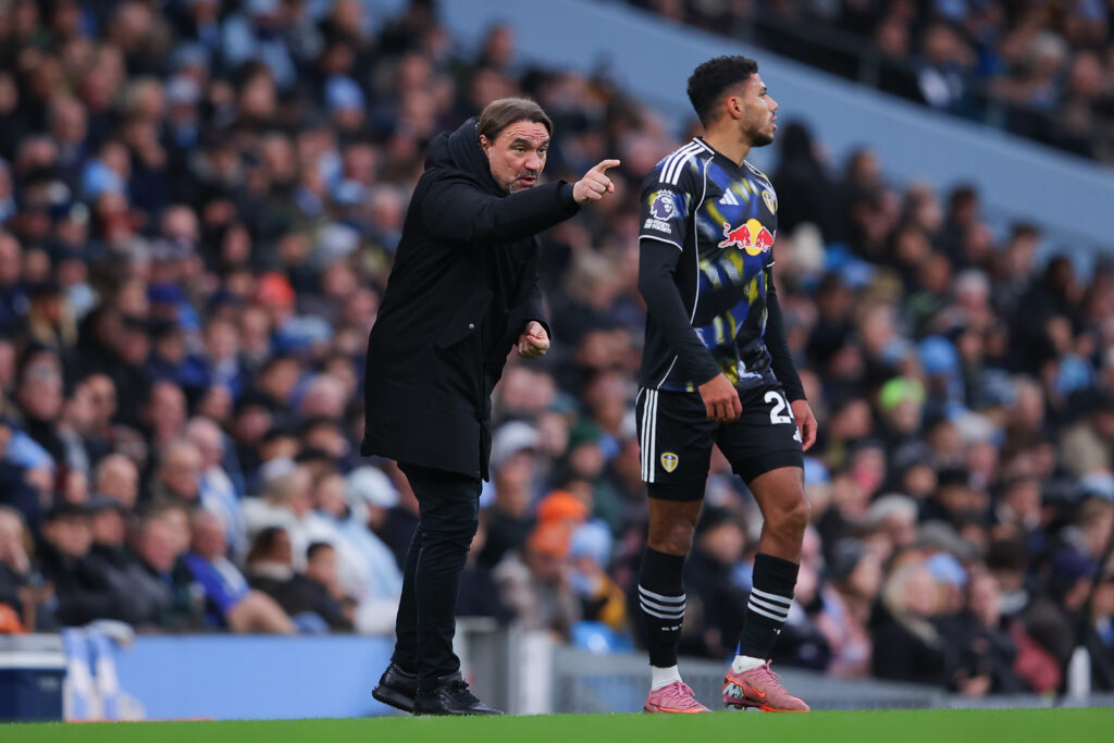Daniel Farke, head coach of Leeds United, issues instructions to James Justin