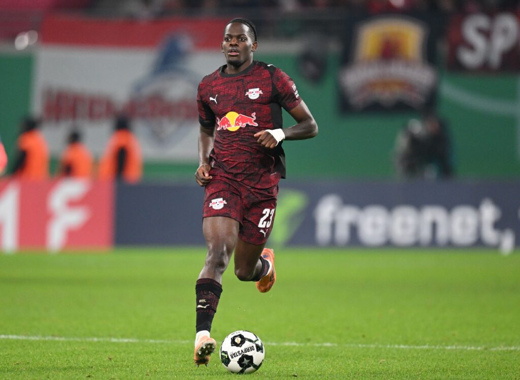 Castello Lukeba of Leipzig in action during the DFB Cup round of 16 match between RB Leipzig and 1. FC Magdeburg