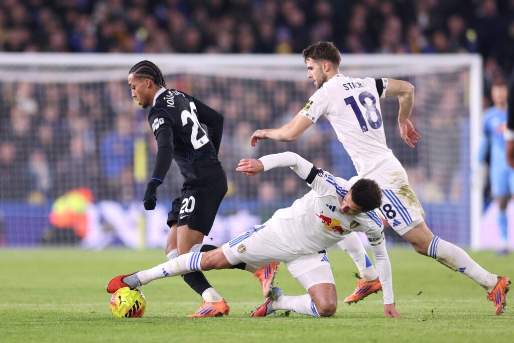 Ethan Ampadu of Leeds United tackles Joao Pedro of Chelsea