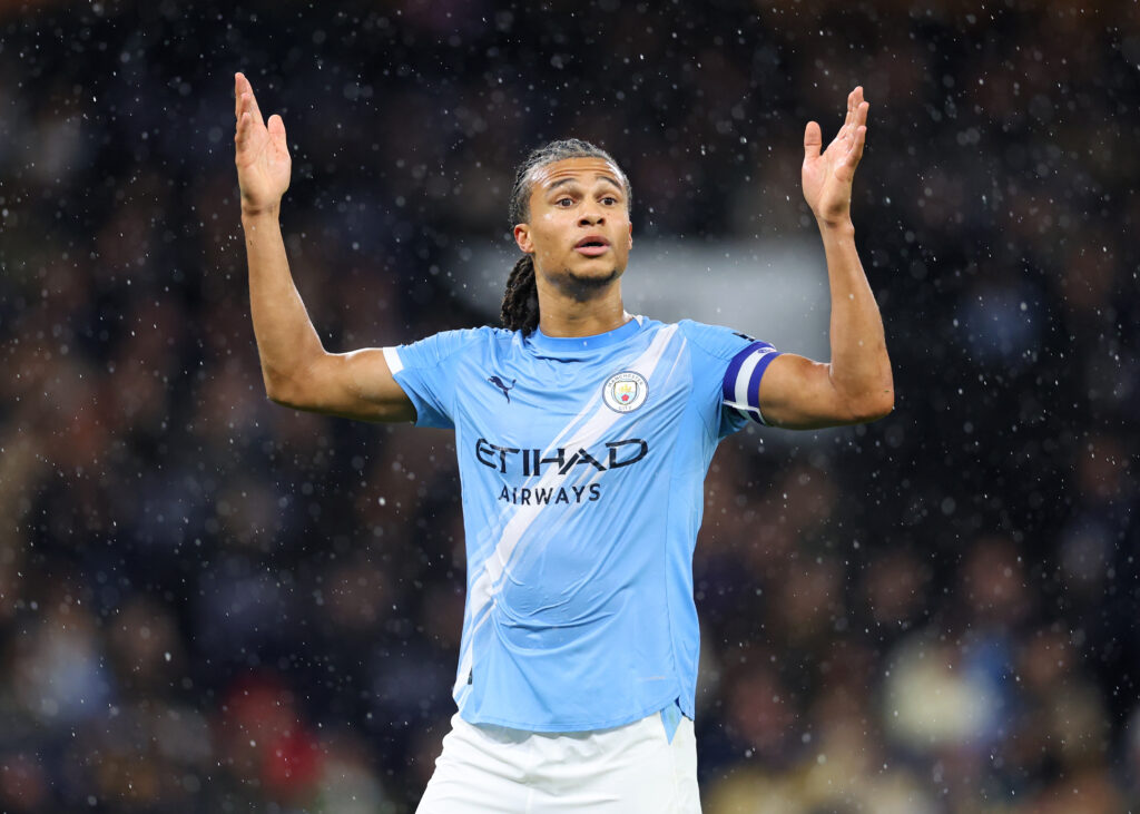 Nathan Ake of Manchester City reacts during the Carabao Cup Quarter Final match between Manchester City and Brentford