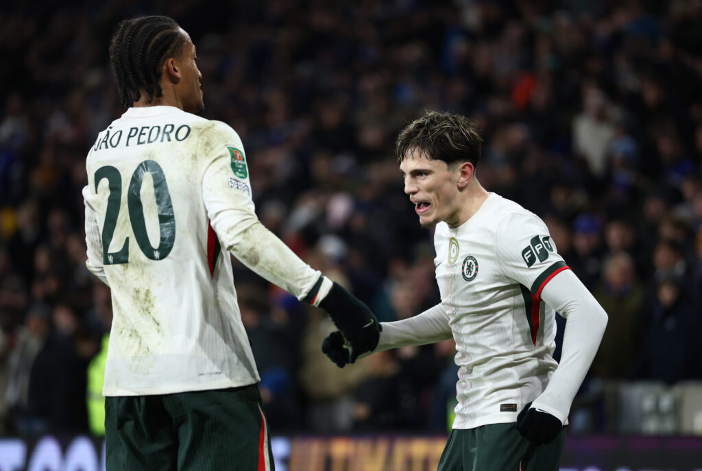 Alejandro Garnacho and Joao Pedro celebrate goal for Chelsea