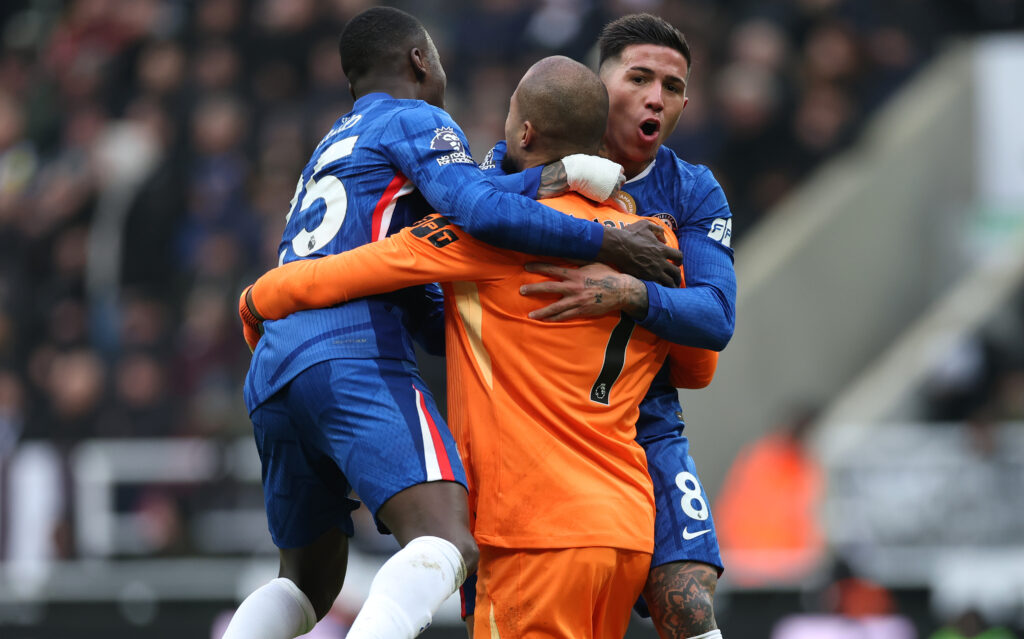Robert Sanchez, Enzo Fernandez, and Moises Caicedo celebrate goal for Chelsea