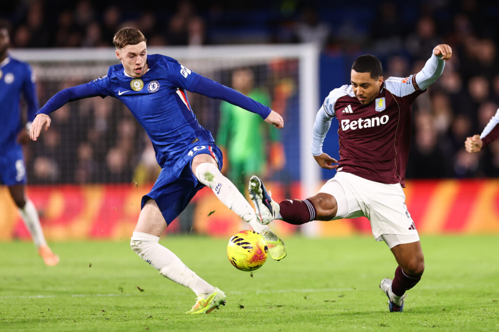 Cole Palmer of Chelsea and Youri Tielemans of Aston Villa during the Premier League match between Chelsea and Aston Villa