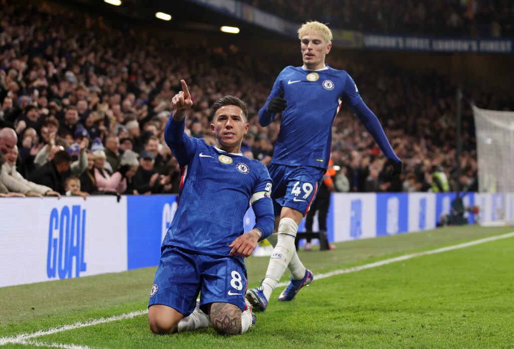 Enzo Fernandez and Alejandro Garnacho celebrate Chelsea goal
