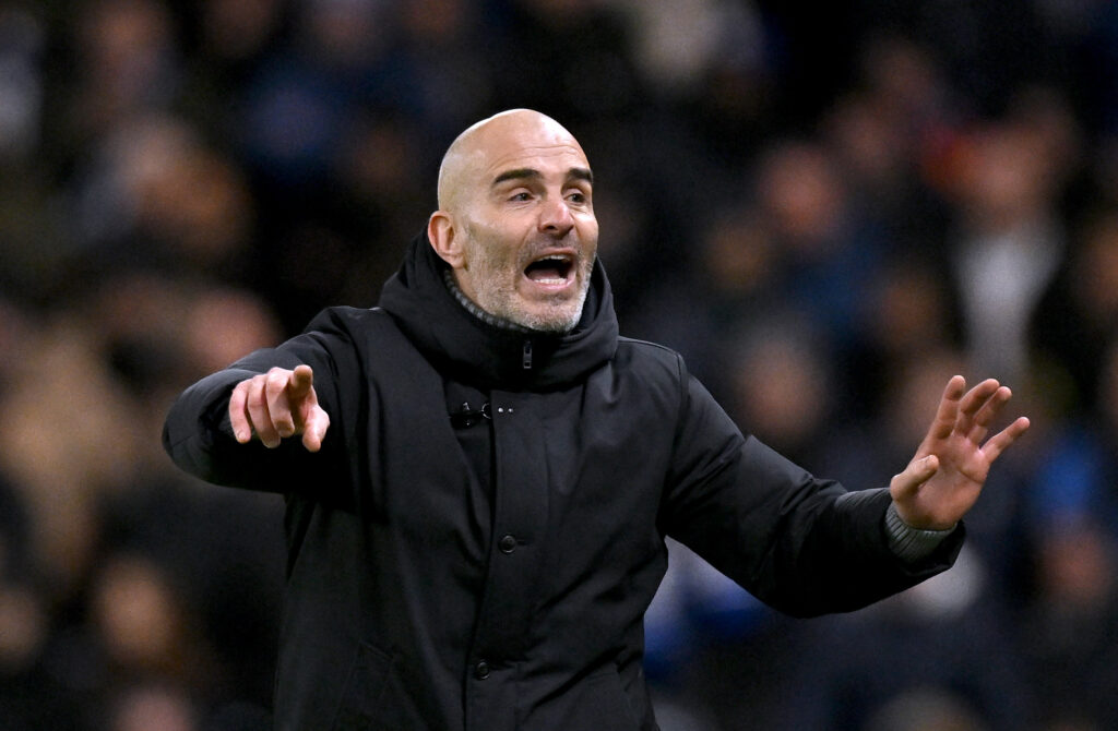 Enzo Maresca, Manager of Chelsea, gestures to his player