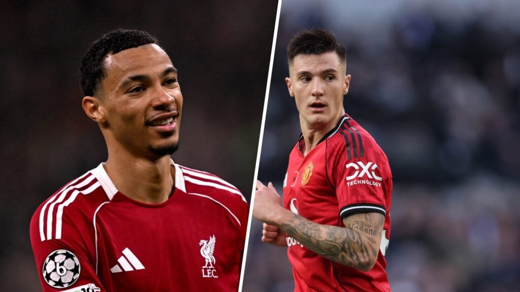 Liverpool striker Hugo Ekitike smiling and Manchester United striker Benjamin Sesko jogging