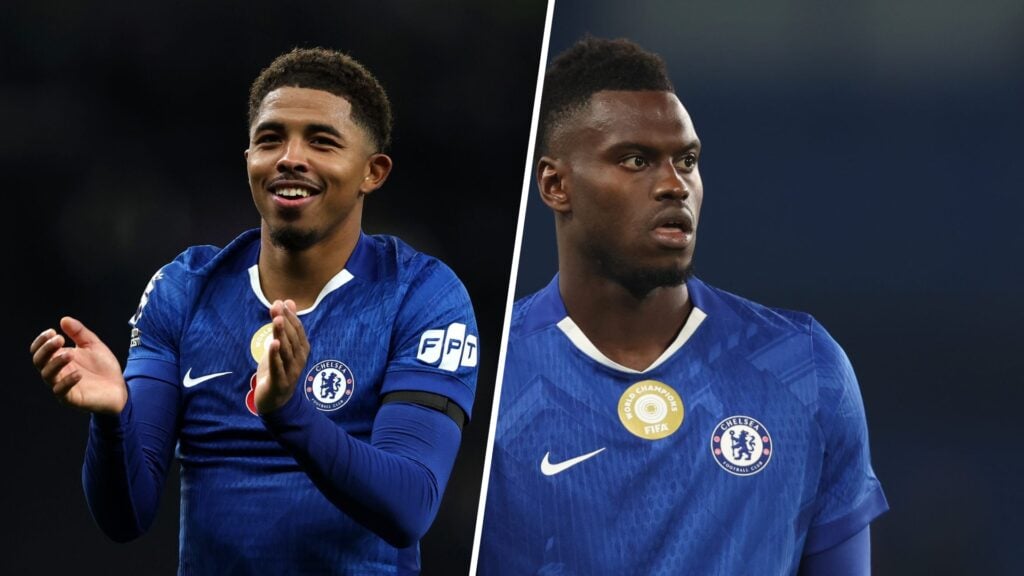 Split image of Chelsea defender Wesley Fofana clapping and Benoit Badiashile focusing