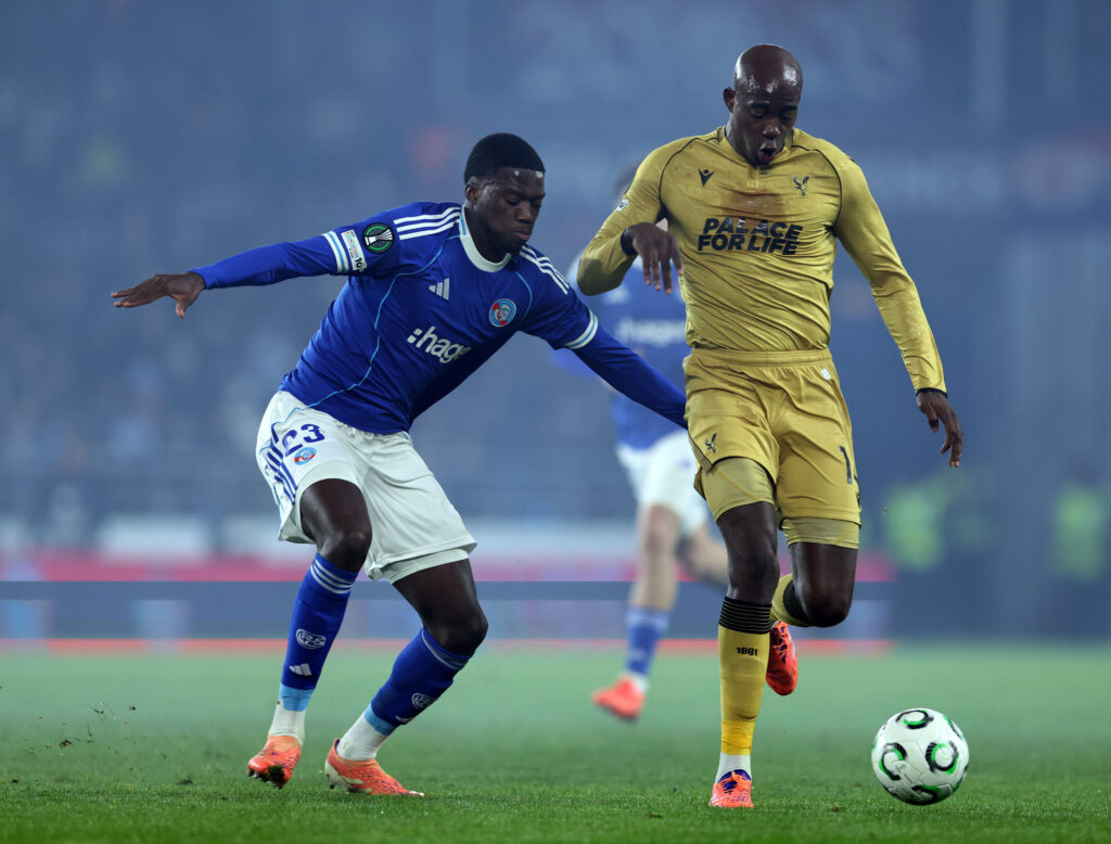 Jean-Philippe Mateta of Crystal Palace is challenged by Mamadou Sarr of Strasbourg during the UEFA Conference League 2025/26 League Phase