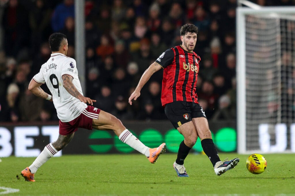 Gabriel Jesus of Arsenal and Marcos Senesi of Bournemouth during the Premier League match between Bournemouth and Arsenal