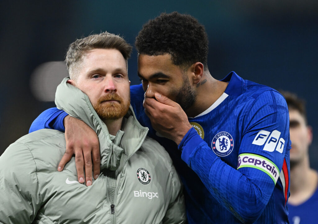 Calum McFarlane, Interim Manager of Chelsea, and Reece James of Chelsea interact