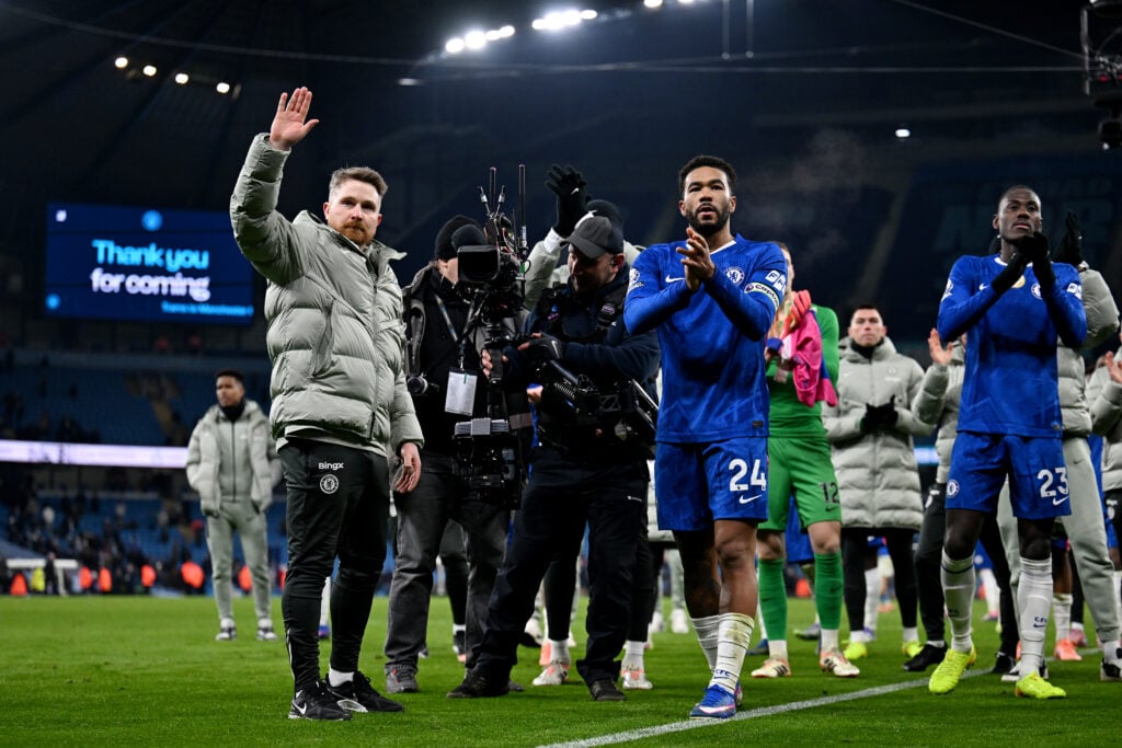 Calum McFarlane, Interim Manager of Chelsea, and Reece James of Chelsea applaud the fans