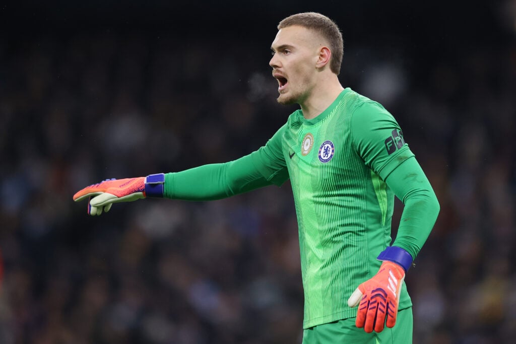 Filip Jorgensen of Chelsea during the Premier League match between Manchester City and Chelsea