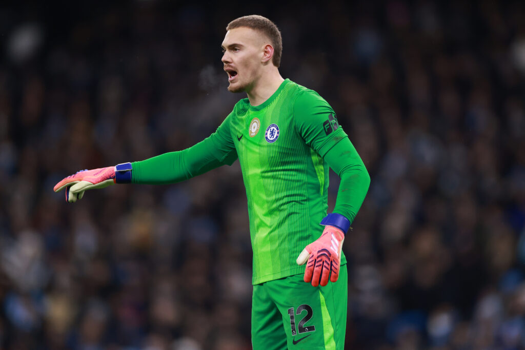 Filip Jorgensen of Chelsea during the Premier League match between Manchester City and Chelsea
