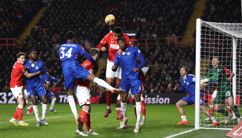 Chelsea's Tosin Adarabioyo and Charlton Athletic's Miles Leaburn challenge for a cross