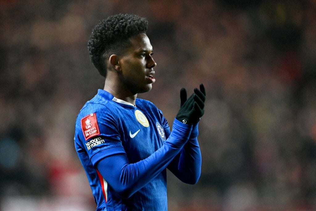 Estevao of Chelsea looks on during the Emirates FA Cup Third Round match between Charlton Athletic and Chelsea