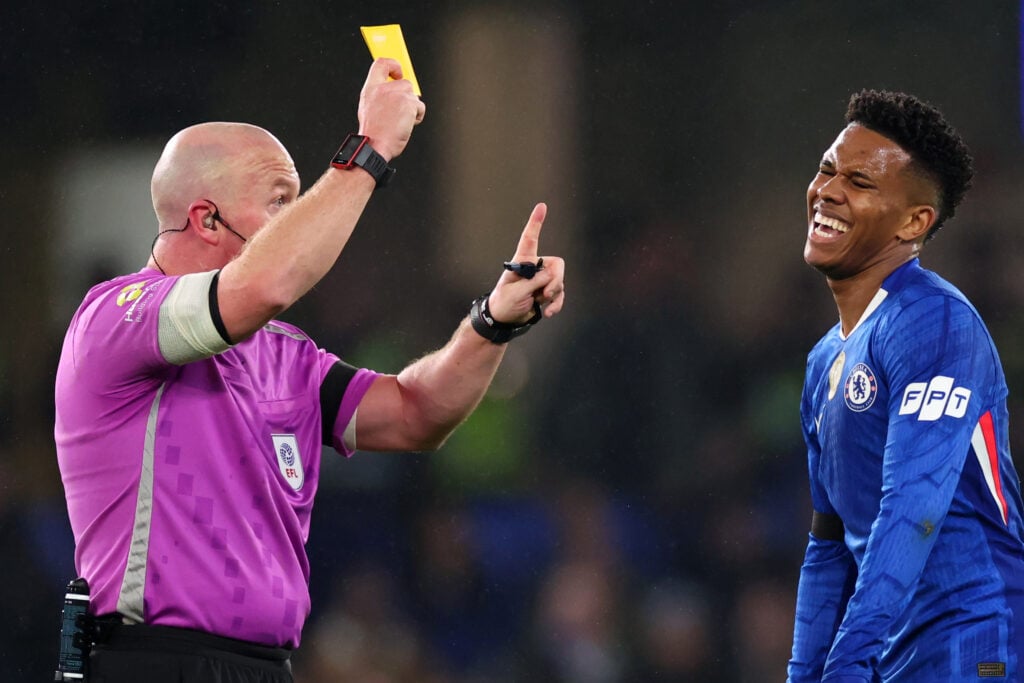 Estevao of Chelsea reacts as he is shown a yellow card