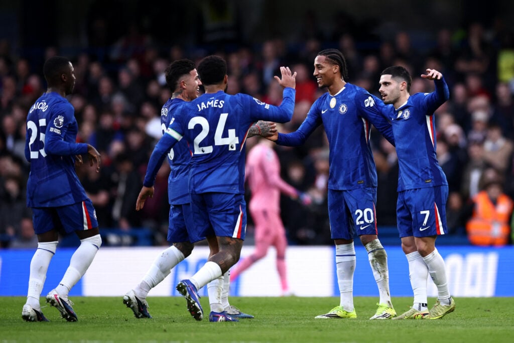 Chelsea's Brazilian striker #20 Joao Pedro (2R) celebrates scoring