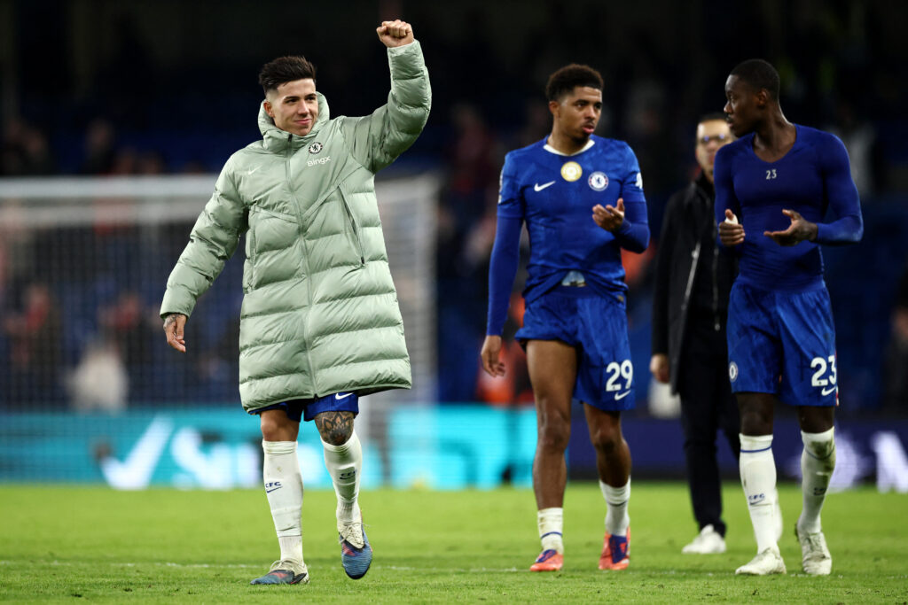 Chelsea's Argentinian midfielder #08 Enzo Fernandez reacts after the English Premier League football match between Chelsea and Brentford