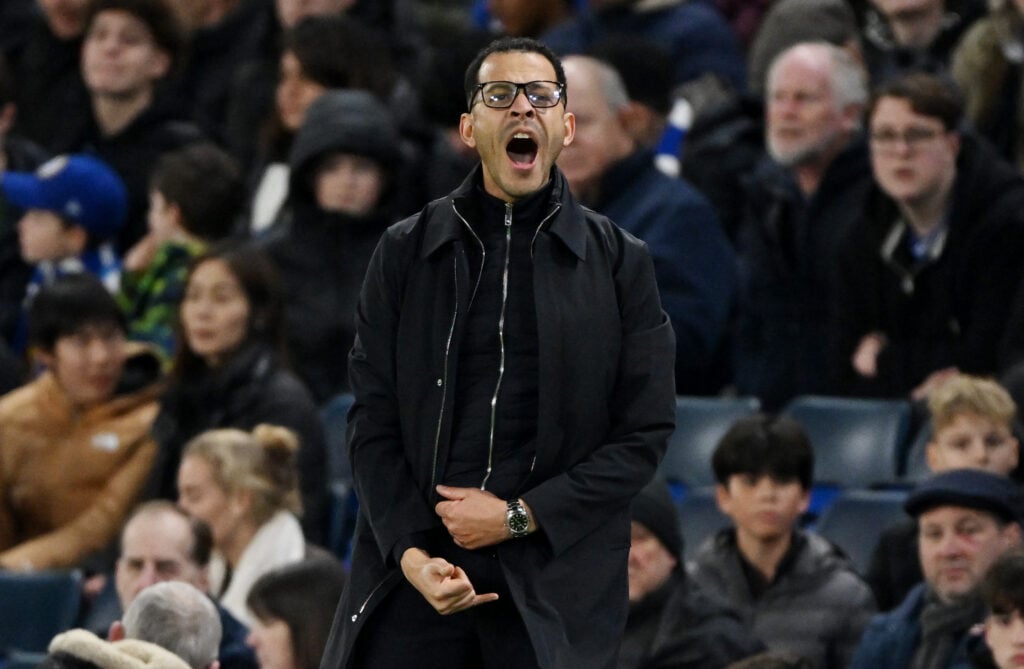 Liam Rosenior, Manager of Chelsea, reacts during the Premier League match between Chelsea and Brentford