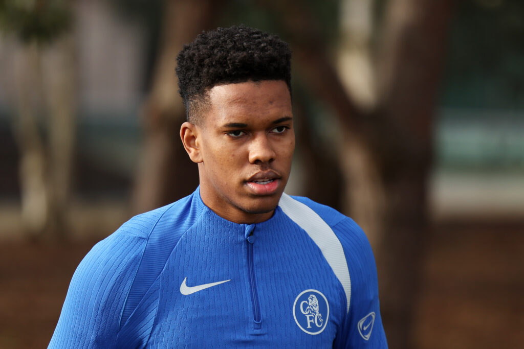 Estevao of Chelsea looks on during a Chelsea FC Training Session