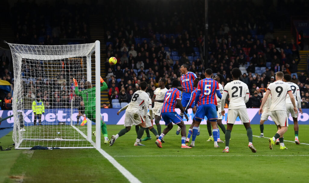 Chris Richards of Crystal Palace scores his team's first goal during the Premier League match between Crystal Palace and Chelsea
