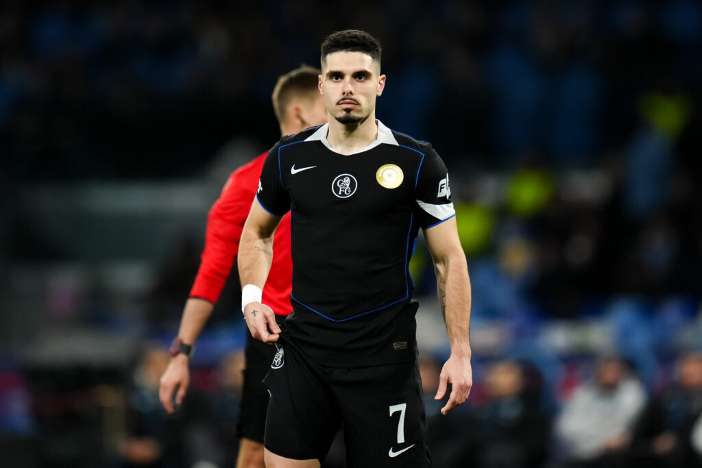 Pedro Neto of Chelsea FC looks on during the UEFA Champions League 2025/26 League Phase MD8 match between SSC Napoli and Chelsea FC