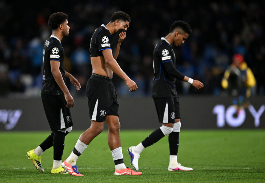 Estevao, Wesley Fofana, and Andrey Santos of Chelsea look dejected