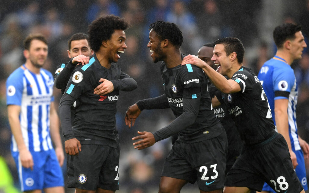 Willian of Chelsea (22) celebrates as he scores