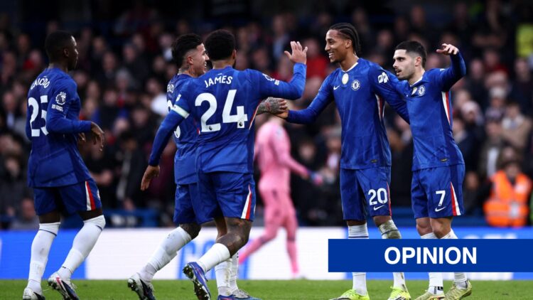 Chelsea's Brazilian striker #20 Joao Pedro (2R) celebrates scoring